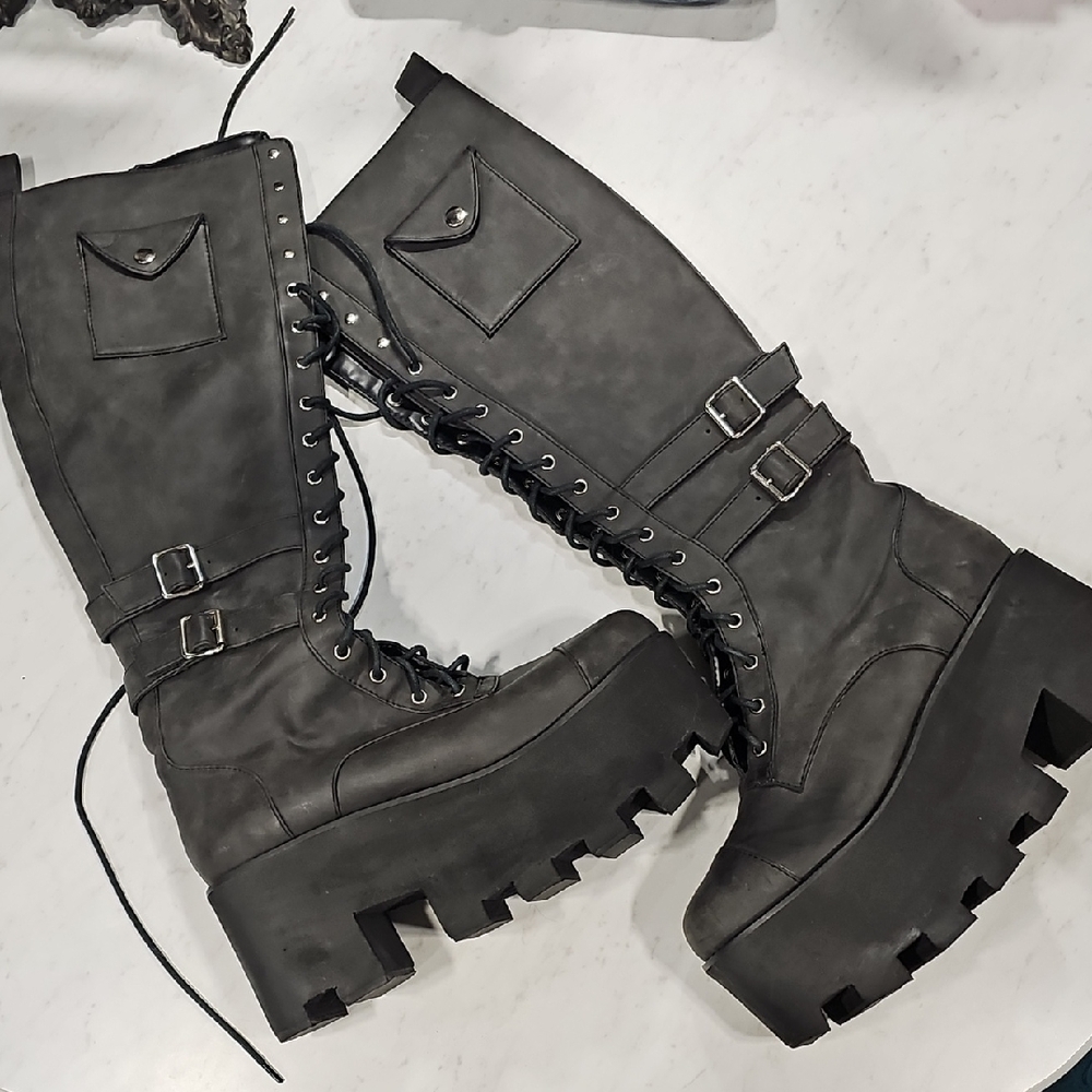 Women's Black Lace-Up Platform Combat Boots with Buckle Straps